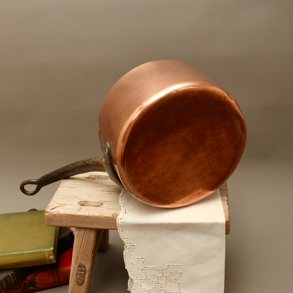 Antique 19th Century French Copper Saucepan Heavy Forged Iron Handle Chateau Mark
