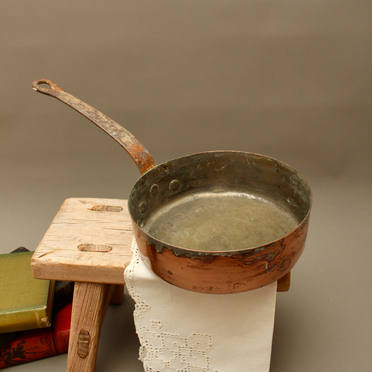 Antique 19th Century French Copper Sauté Pan Tin Overspill Forged Iron Handle