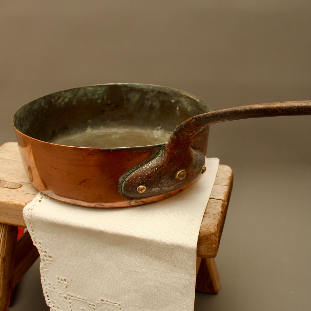 Antique 19th Century French Copper Sauté Pan Tin Overspill Forged Iron Handle