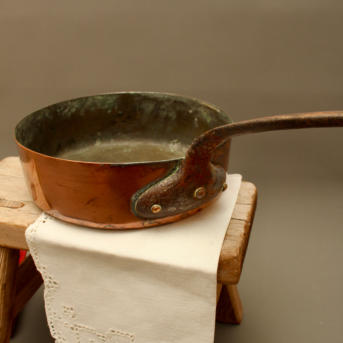 Antique 19th Century French Copper Sauté Pan Tin Overspill Forged Iron Handle