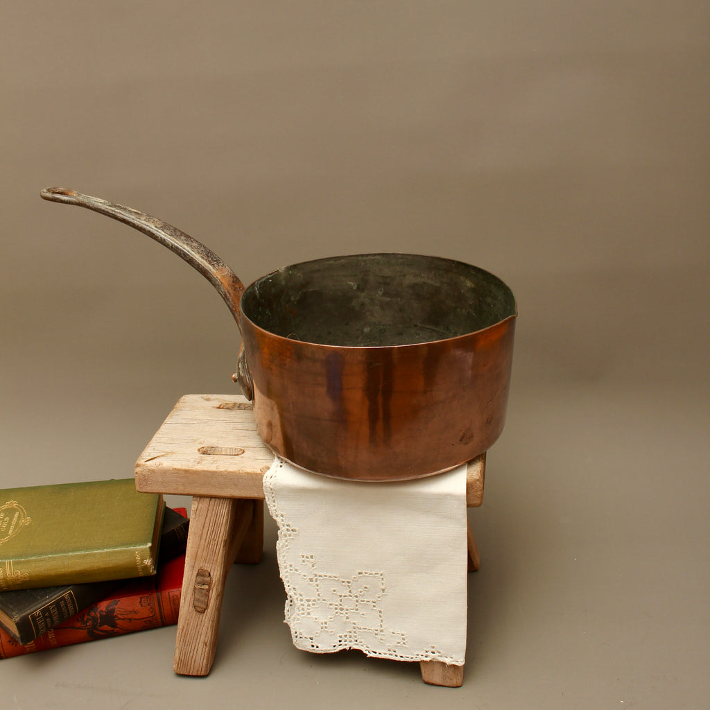 Antique 19th Century French Copper Pan Heavyweight 2.3kg Forged Iron Handle
