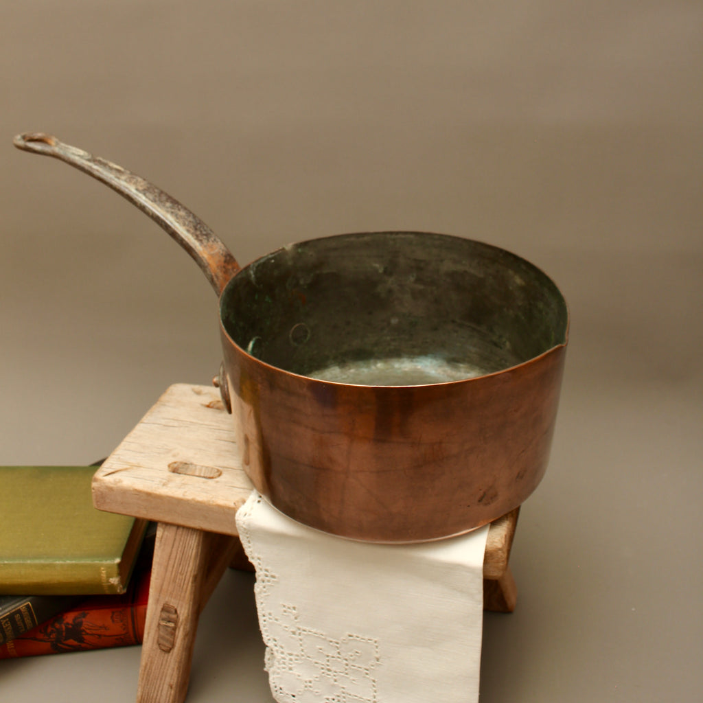Antique 19th Century French Copper Pan Heavyweight 2.3kg Forged Iron Handle