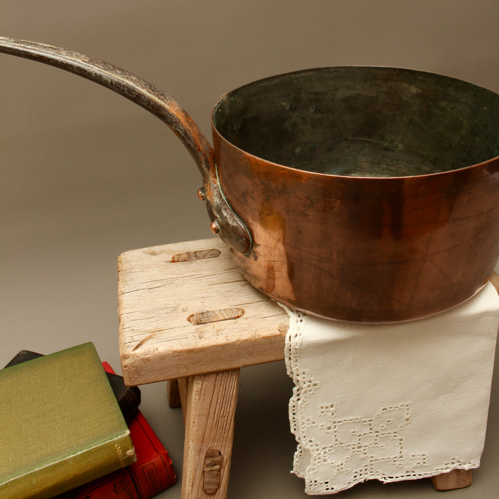 Antique 19th Century French Copper Pan Heavyweight 2.3kg Forged Iron Handle