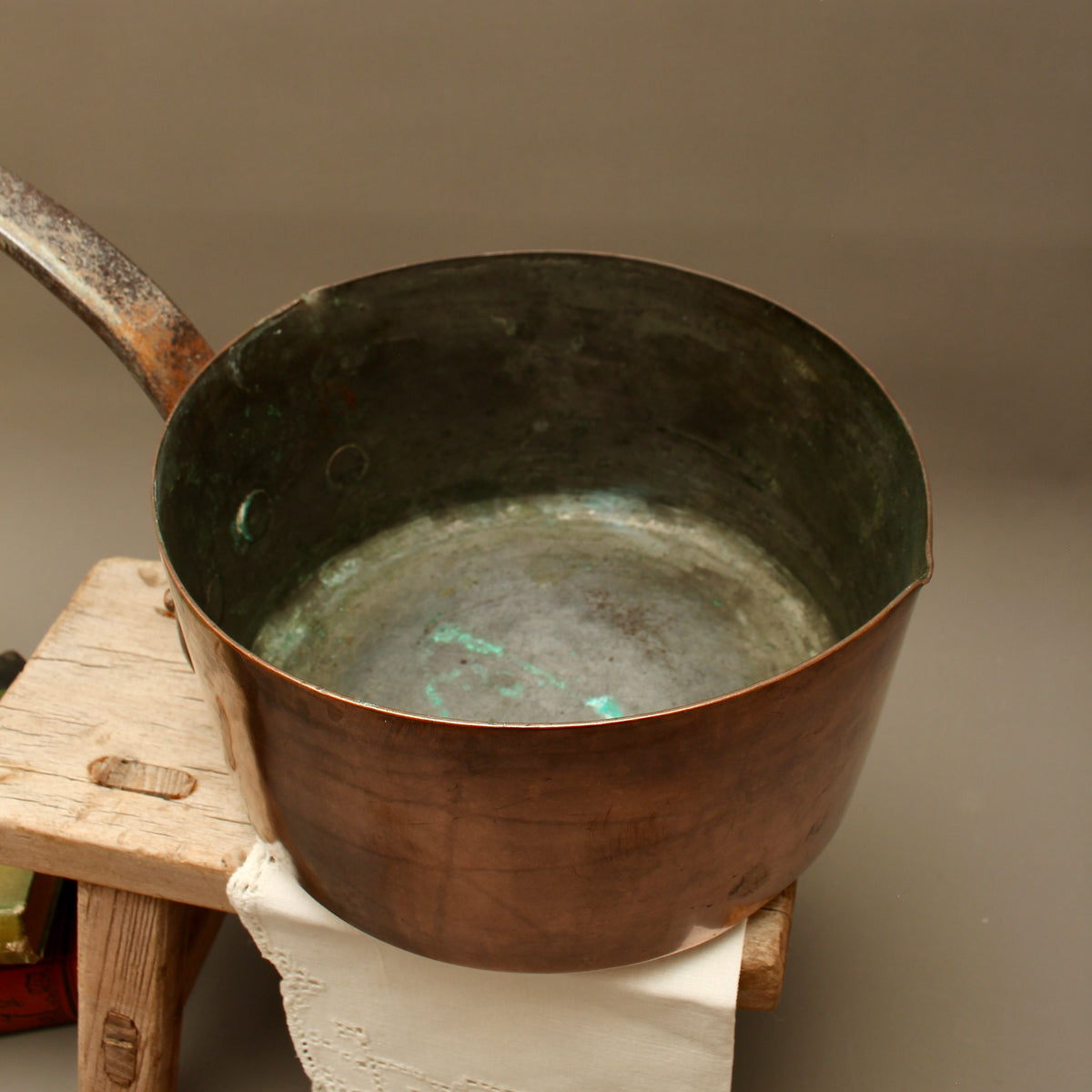 Antique 19th Century French Copper Pan Heavyweight 2.3kg Forged Iron Handle