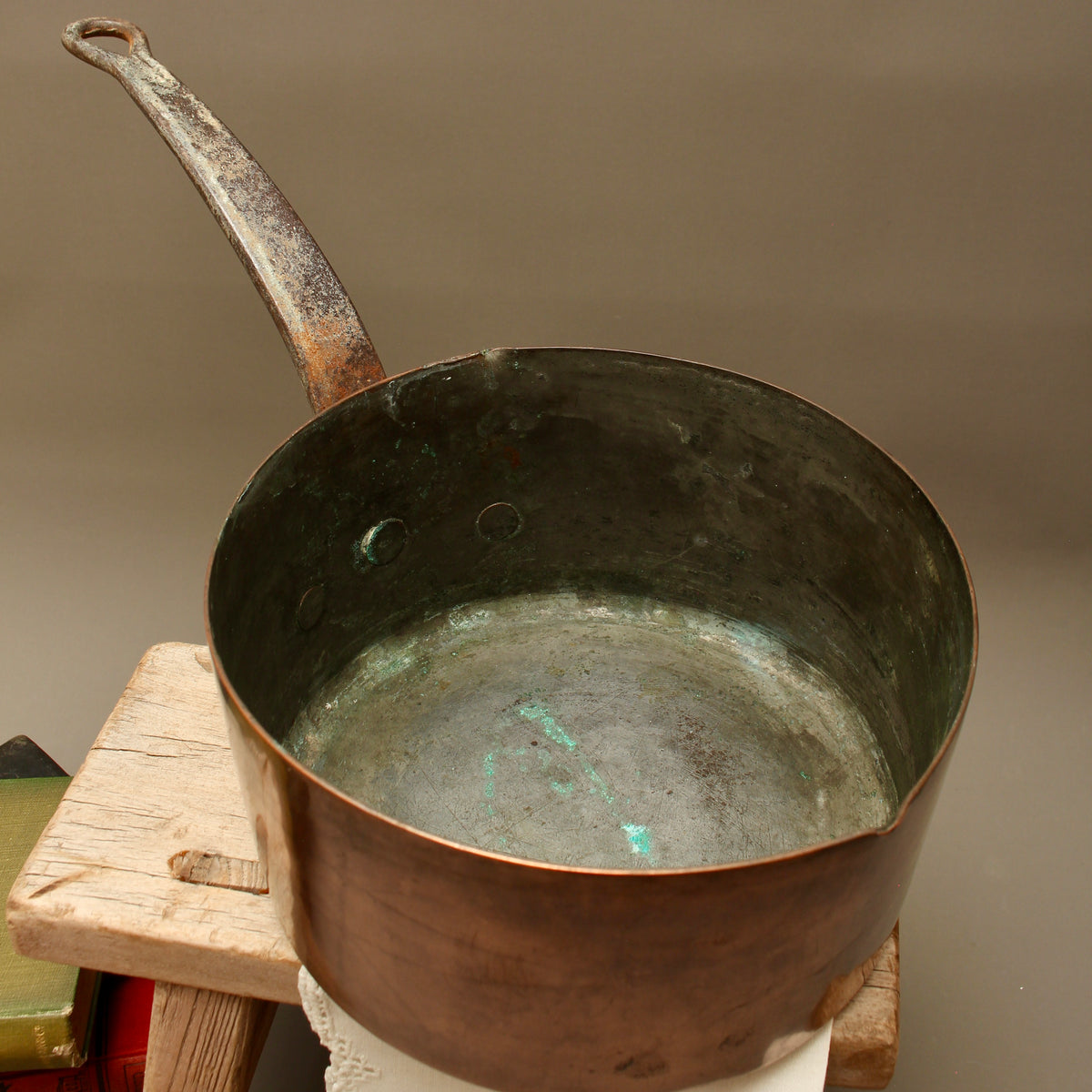 Antique 19th Century French Copper Pan Heavyweight 2.3kg Forged Iron Handle