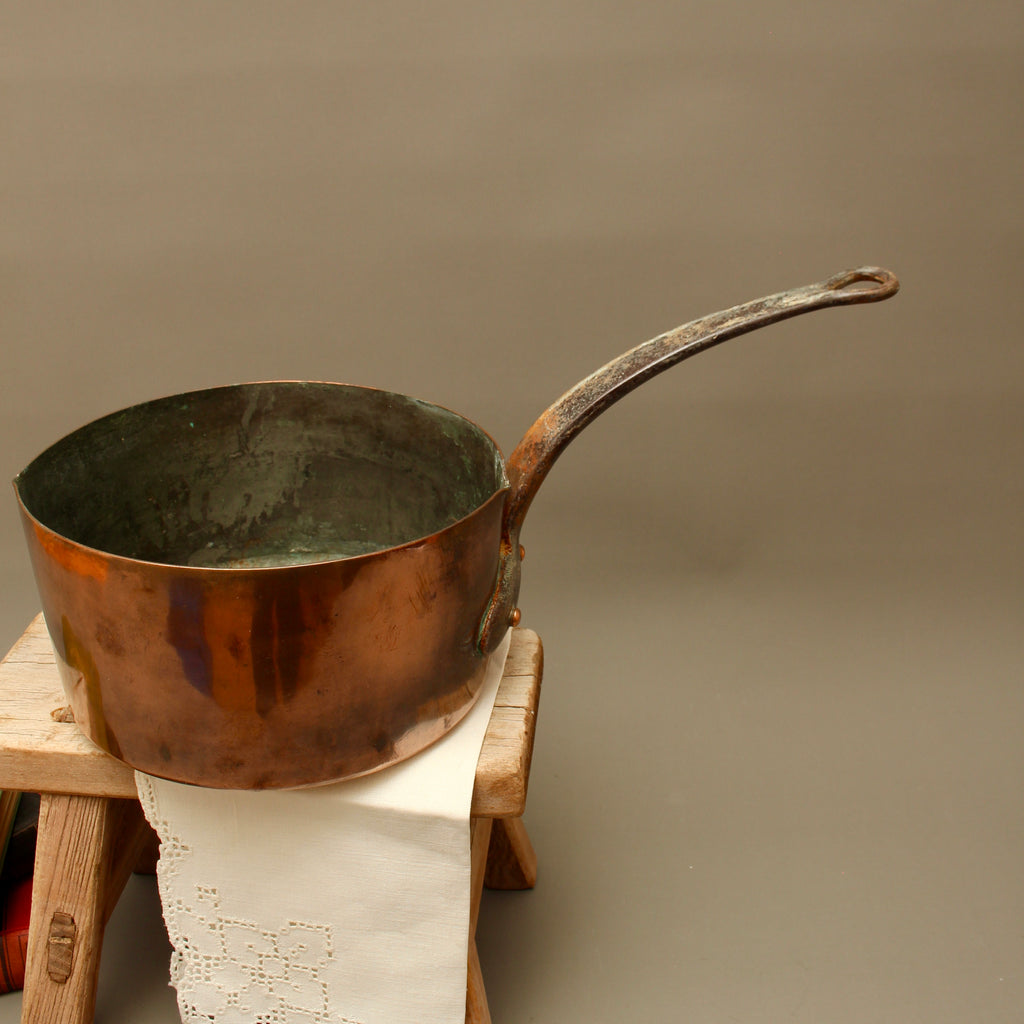 Antique 19th Century French Copper Pan Heavyweight 2.3kg Forged Iron Handle
