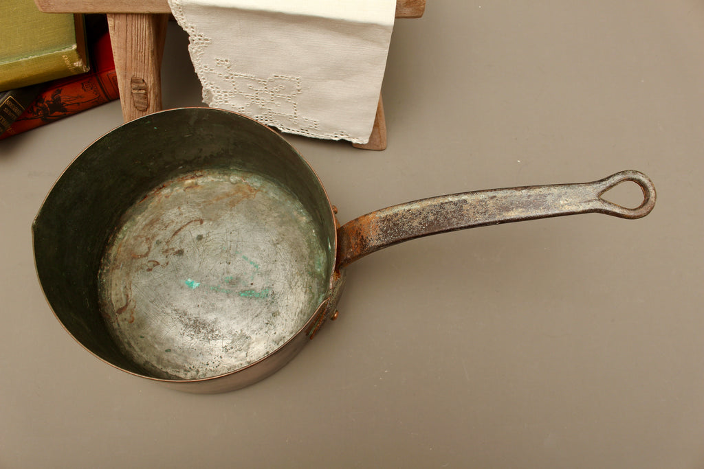 Antique 19th Century French Copper Pan Heavyweight 2.3kg Forged Iron Handle
