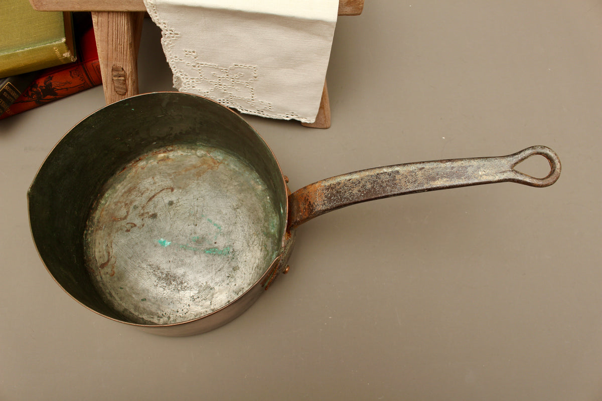 Antique 19th Century French Copper Pan Heavyweight 2.3kg Forged Iron Handle