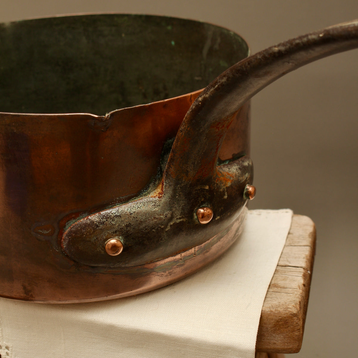 Antique 19th Century French Copper Pan Heavyweight 2.3kg Forged Iron Handle