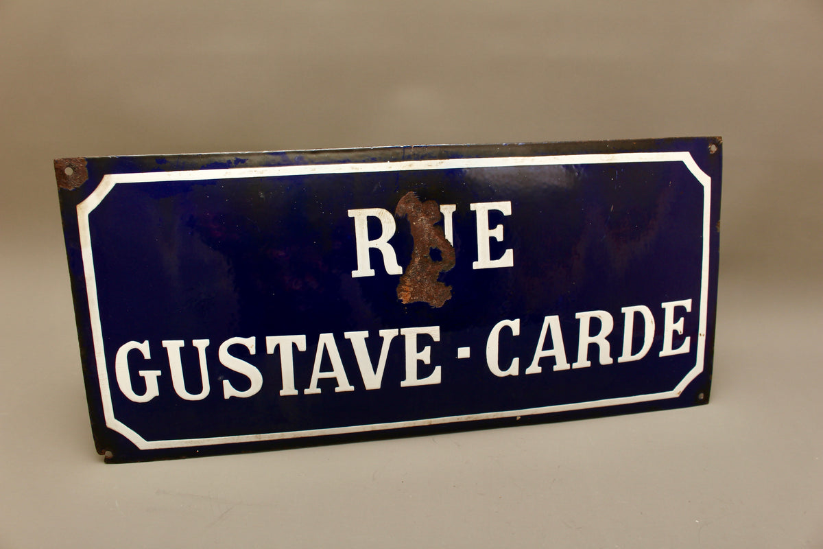 Large 19th Century French Enamel Street Sign Rue Gustave Carde Architectural Salvage