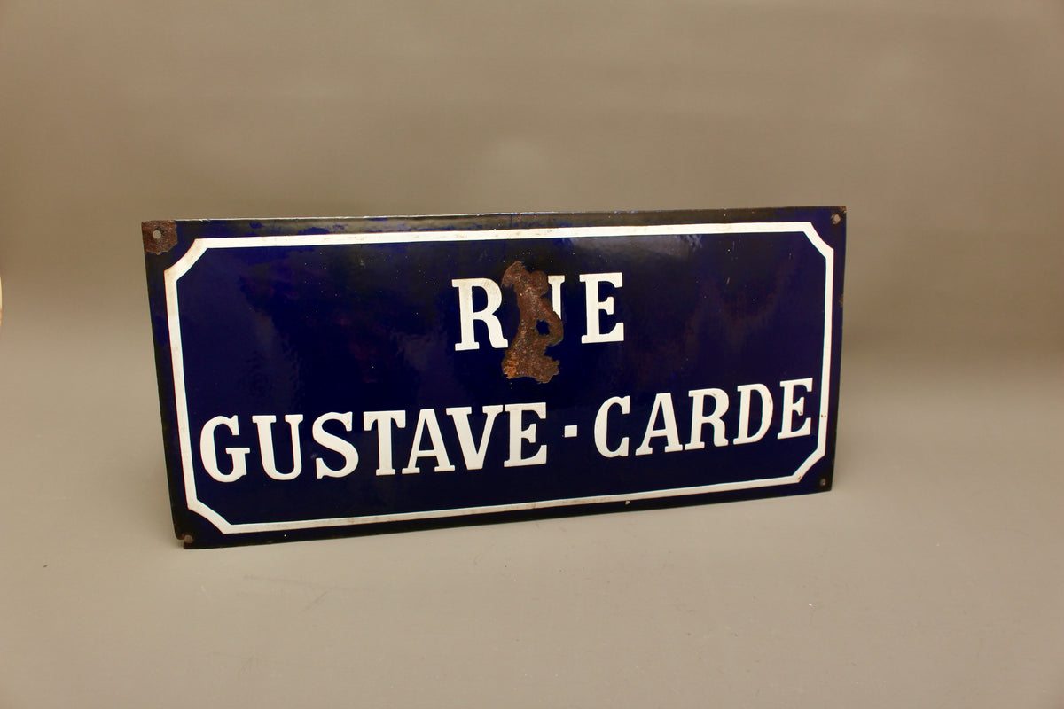 Large 19th Century French Enamel Street Sign Rue Gustave Carde Architectural Salvage