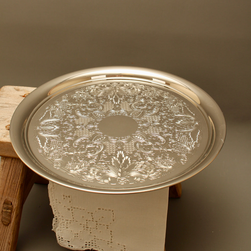 Vintage Round Silver Plated Salver Deeply Chased Floral Drinks Tray