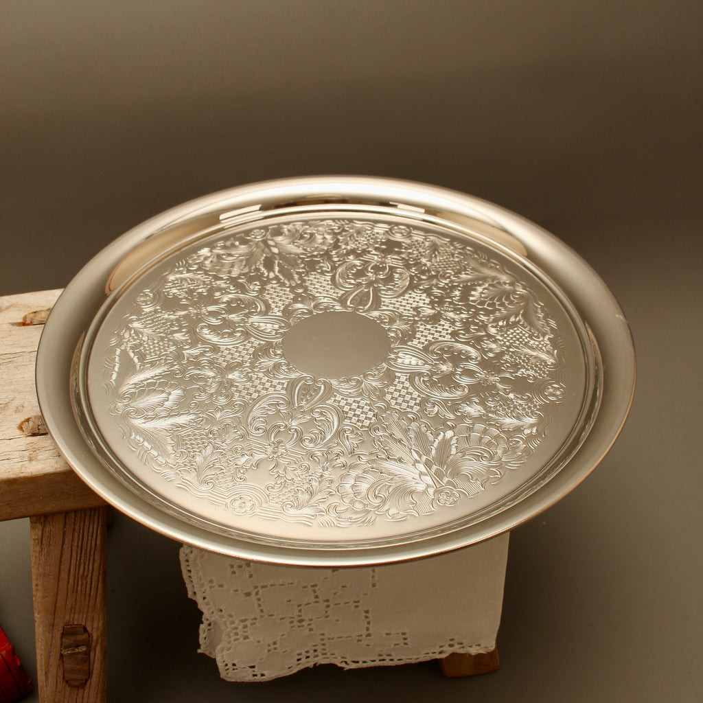Vintage Round Silver Plated Salver Deeply Chased Floral Drinks Tray