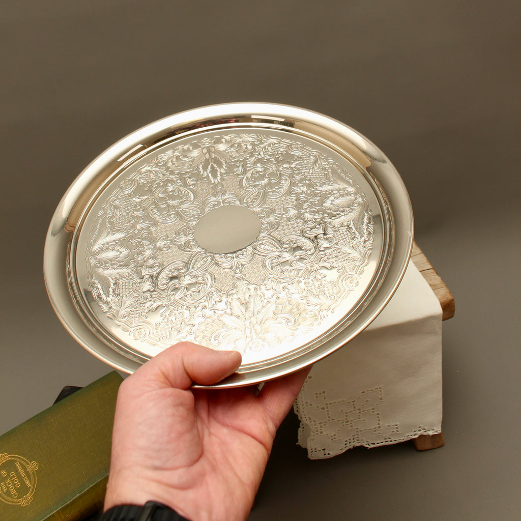 Vintage Round Silver Plated Salver Deeply Chased Floral Drinks Tray