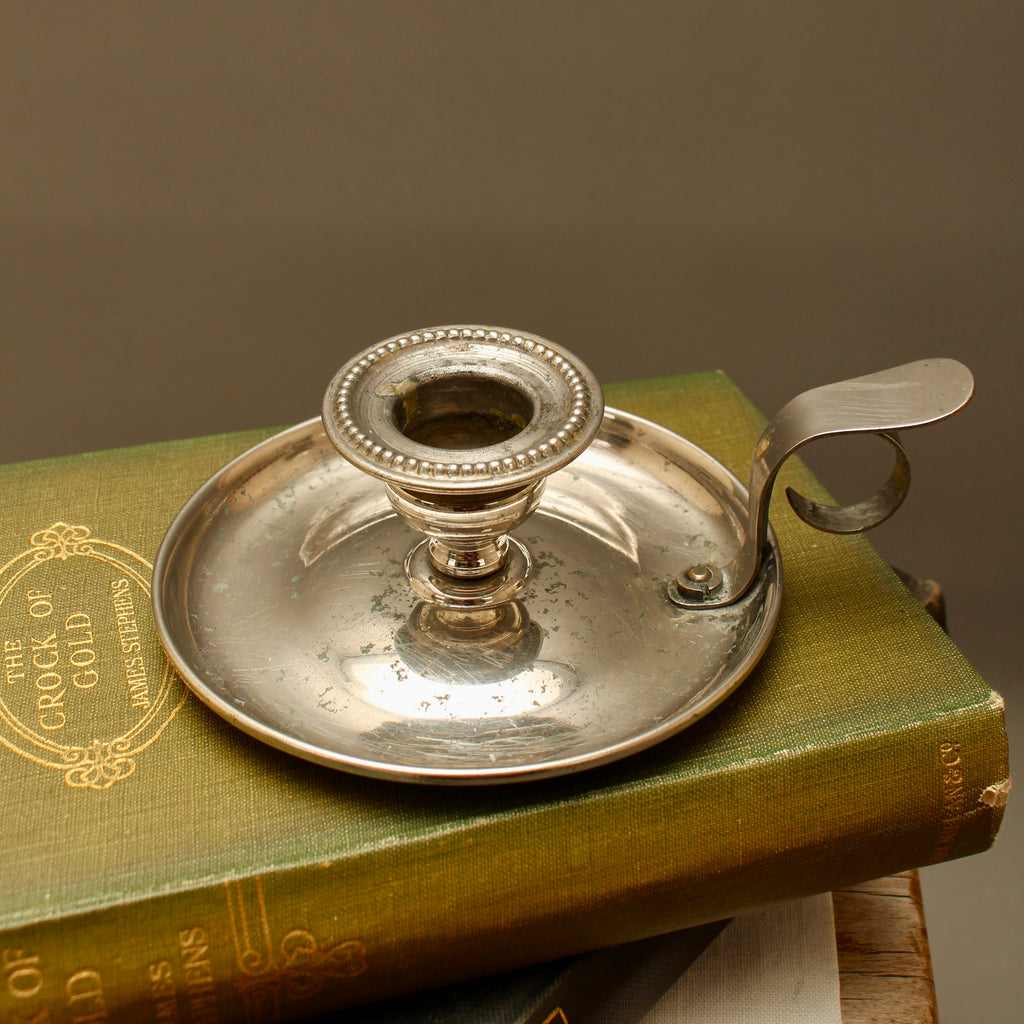 Antique 19th Century French Farmhouse Nickel Plate Chamberstick Breveté SGDG