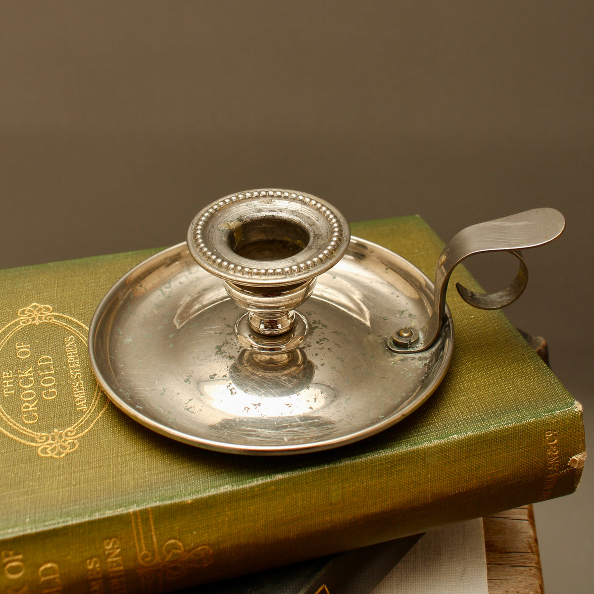 Antique 19th Century French Farmhouse Nickel Plate Chamberstick Breveté SGDG