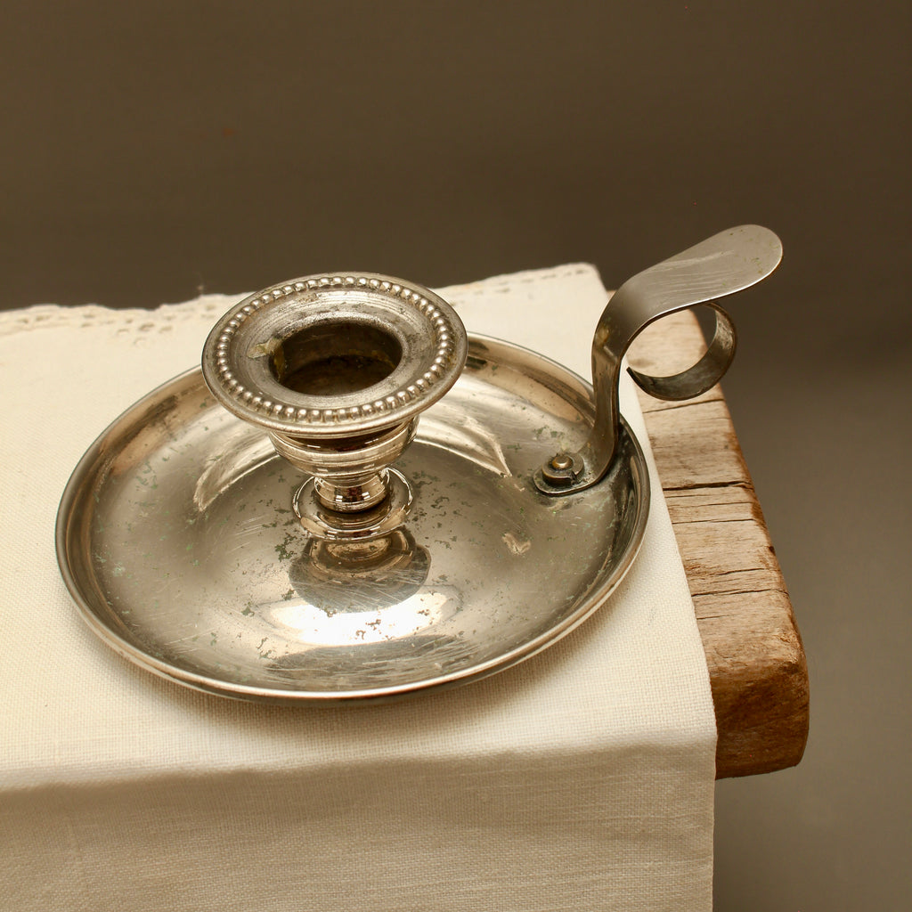 Antique 19th Century French Farmhouse Nickel Plate Chamberstick Breveté SGDG