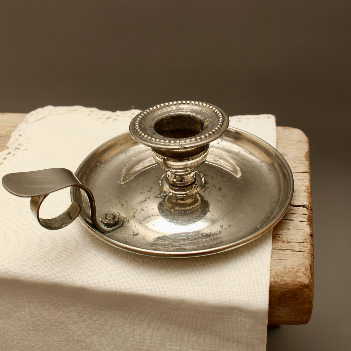 Antique 19th Century French Farmhouse Nickel Plate Chamberstick Breveté SGDG