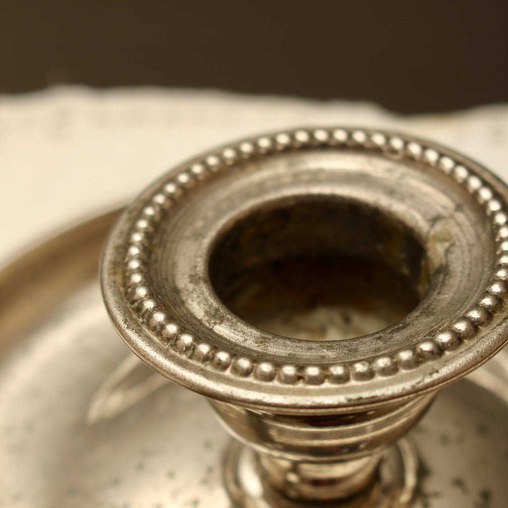 Antique 19th Century French Farmhouse Nickel Plate Chamberstick Breveté SGDG