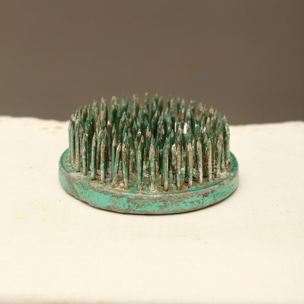 Vintage Green Lacquered Lead Kenzan Flower Frog – Large Camouflaged Floral Spikes