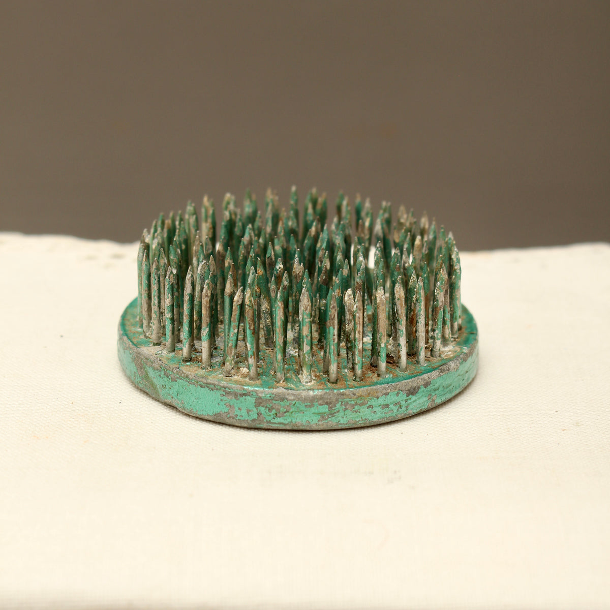 Vintage Green Lacquered Lead Kenzan Flower Frog – Large Camouflaged Floral Spikes