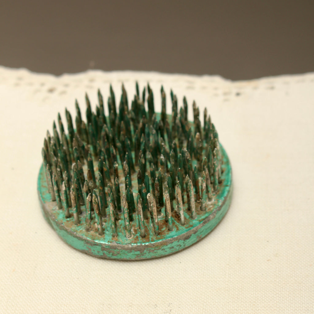 Vintage Green Lacquered Lead Kenzan Flower Frog – Large Camouflaged Floral Spikes