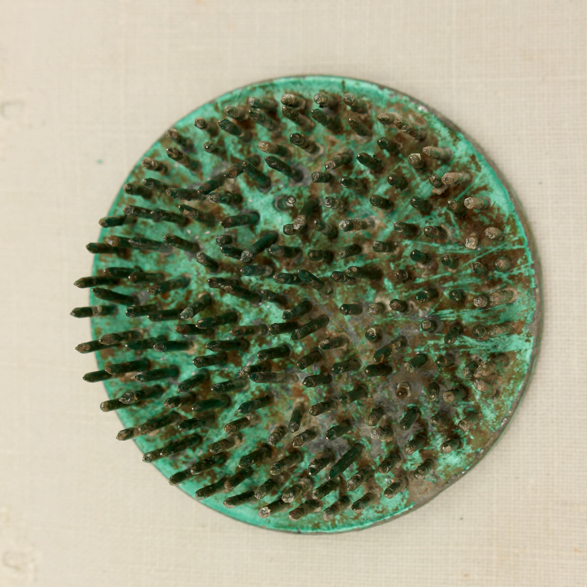 Vintage Green Lacquered Lead Kenzan Flower Frog – Large Camouflaged Floral Spikes