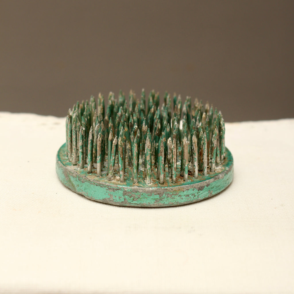 Vintage Green Lacquered Lead Kenzan Flower Frog – Large Camouflaged Floral Spikes