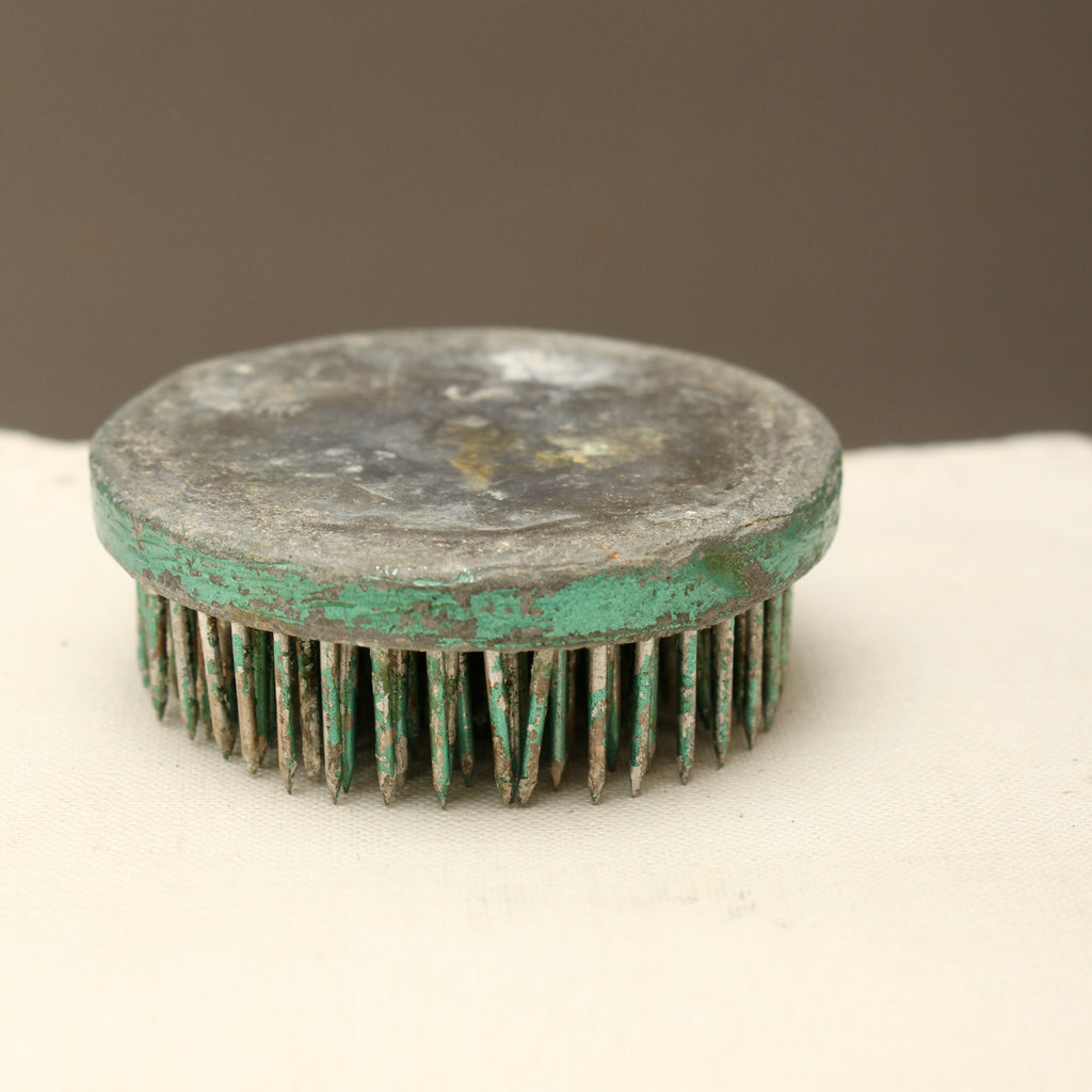 Vintage Green Lacquered Lead Kenzan Flower Frog – Large Camouflaged Floral Spikes