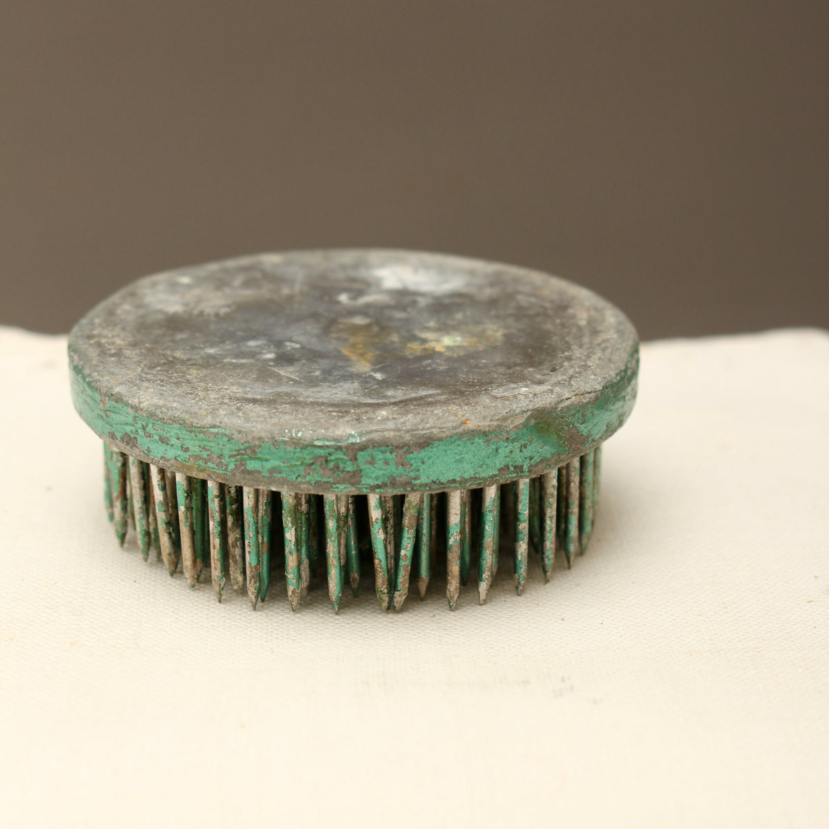 Vintage Green Lacquered Lead Kenzan Flower Frog – Large Camouflaged Floral Spikes