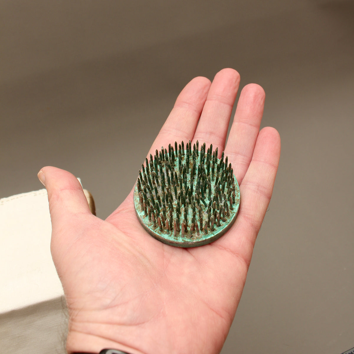 Vintage Green Lacquered Lead Kenzan Flower Frog – Large Camouflaged Floral Spikes