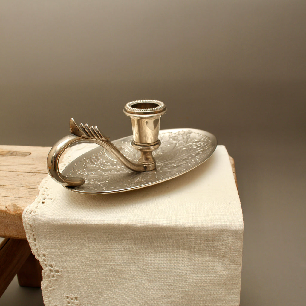 Vintage Seba Silver-Plated Engraved Oval Chamberstick – Made in England c.1970s