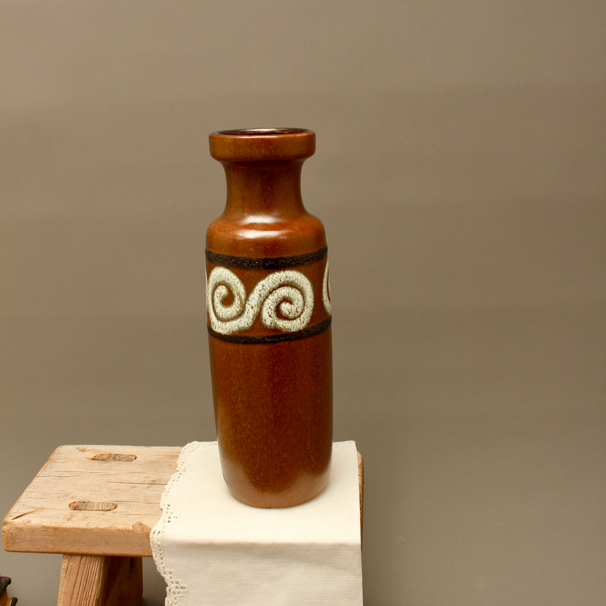 Vintage Scheurich 200-28 West German Pottery Vase – Mid-Century Brown Scroll Fat Lava
