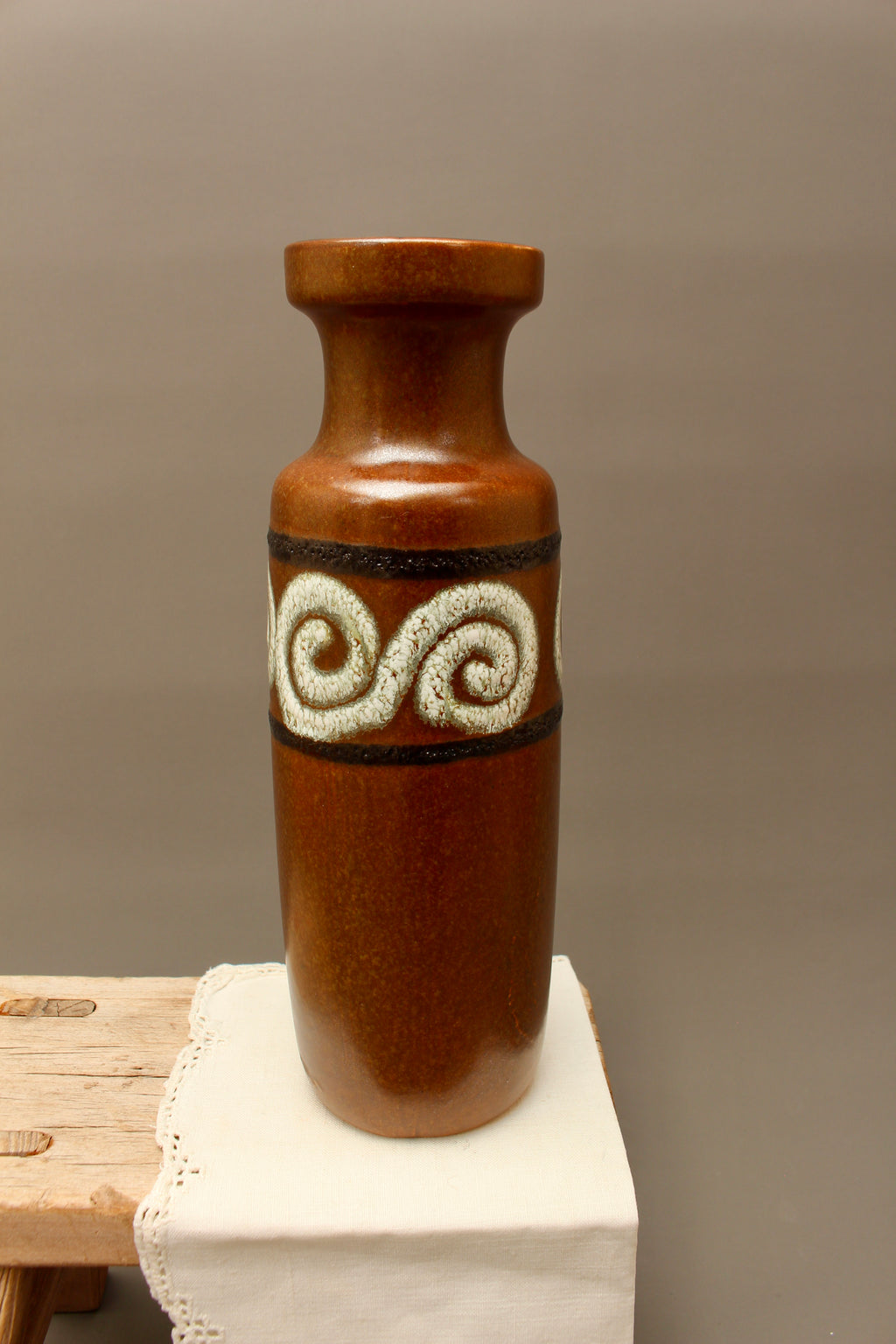 Vintage Scheurich 200-28 West German Pottery Vase – Mid-Century Brown Scroll Fat Lava