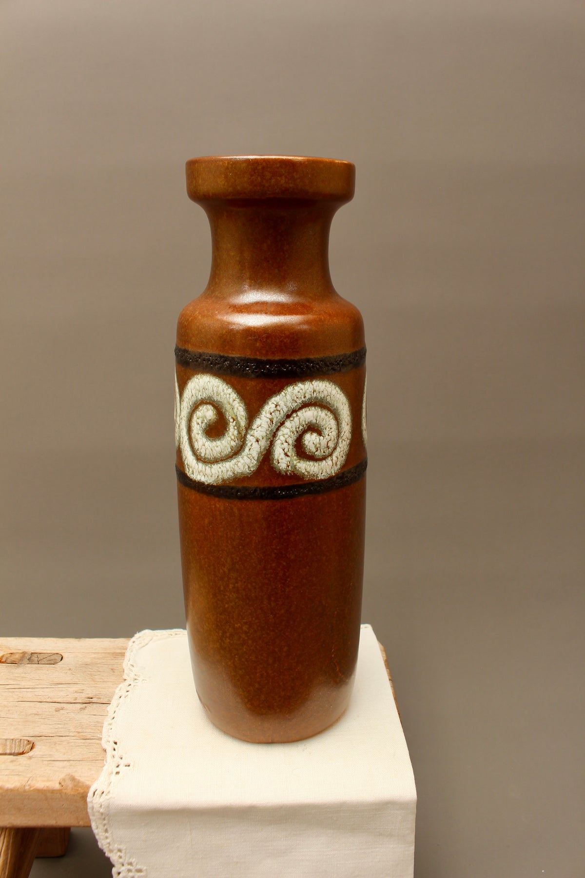 Vintage Scheurich 200-28 West German Pottery Vase – Mid-Century Brown Scroll Fat Lava