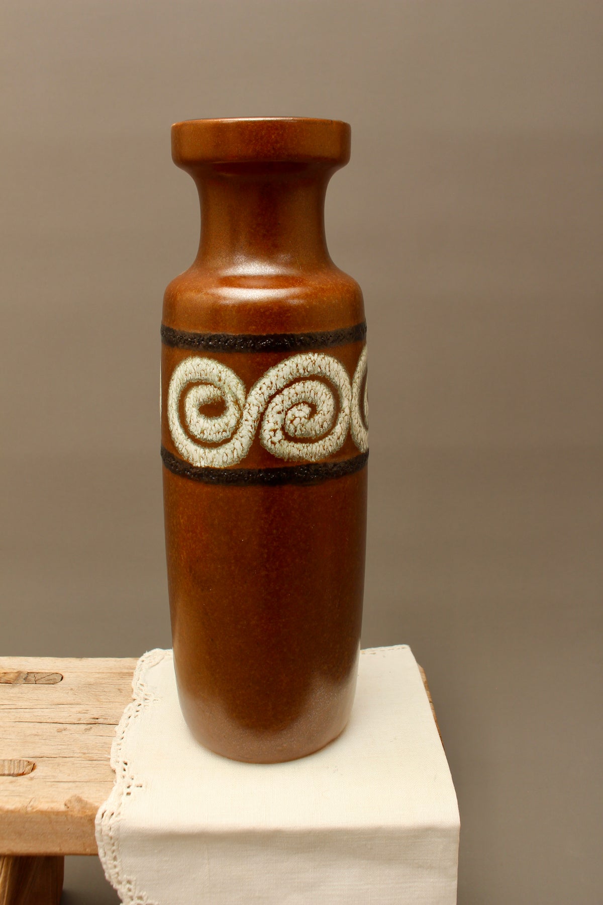 Vintage Scheurich 200-28 West German Pottery Vase – Mid-Century Brown Scroll Fat Lava