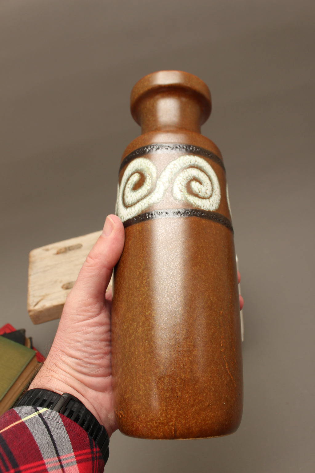 Vintage Scheurich 200-28 West German Pottery Vase – Mid-Century Brown Scroll Fat Lava