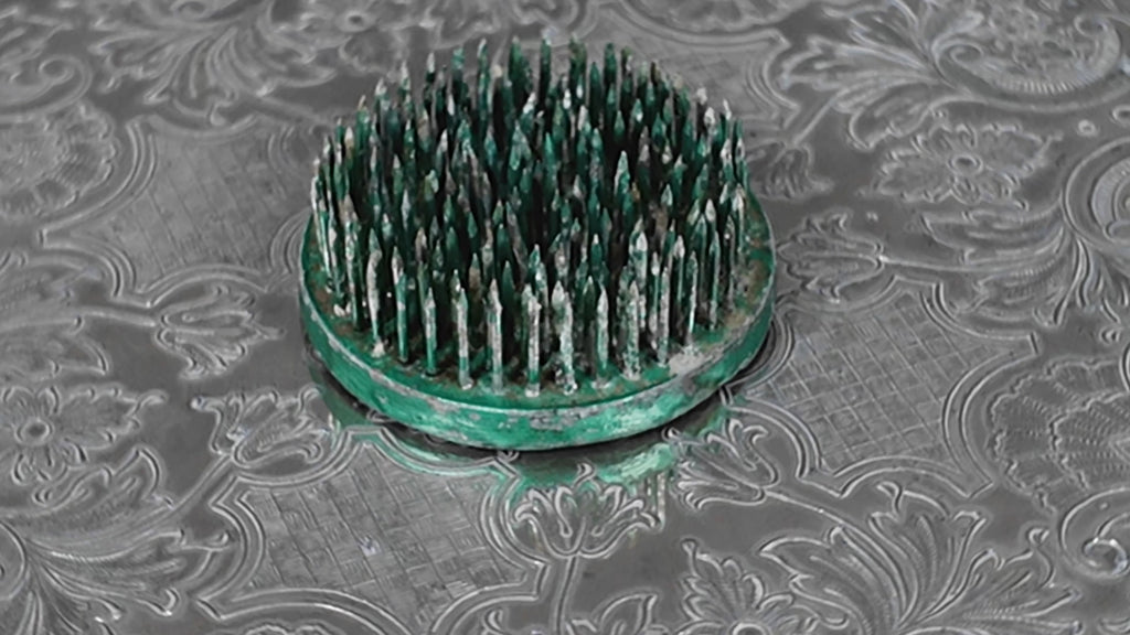 Vintage Green Lacquered Lead Kenzan Flower Frog – Large Camouflaged Floral Spikes