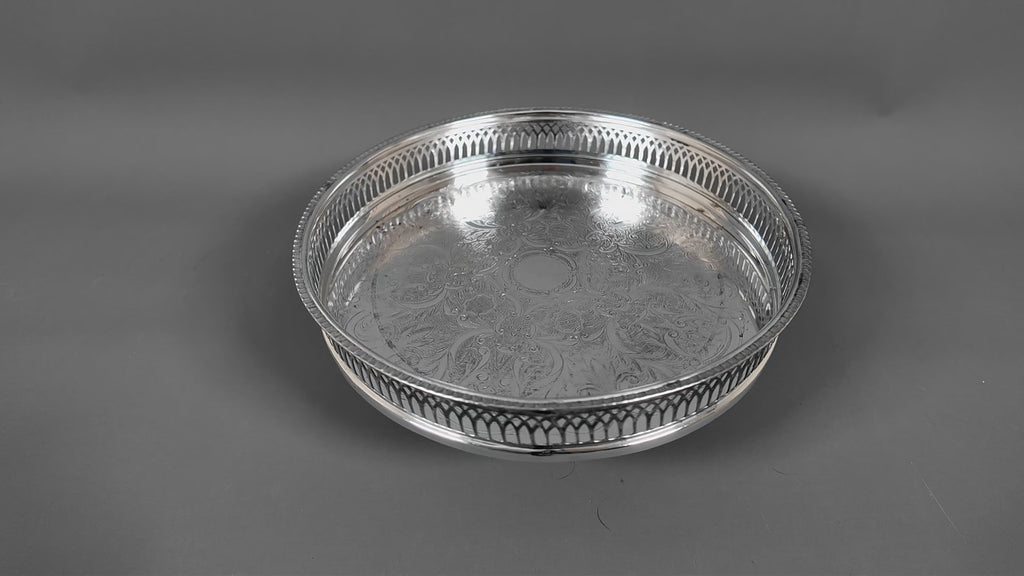 Vintage Cavalier Silver Plated Round Gallery Tray - Small Chased Drinks Salver