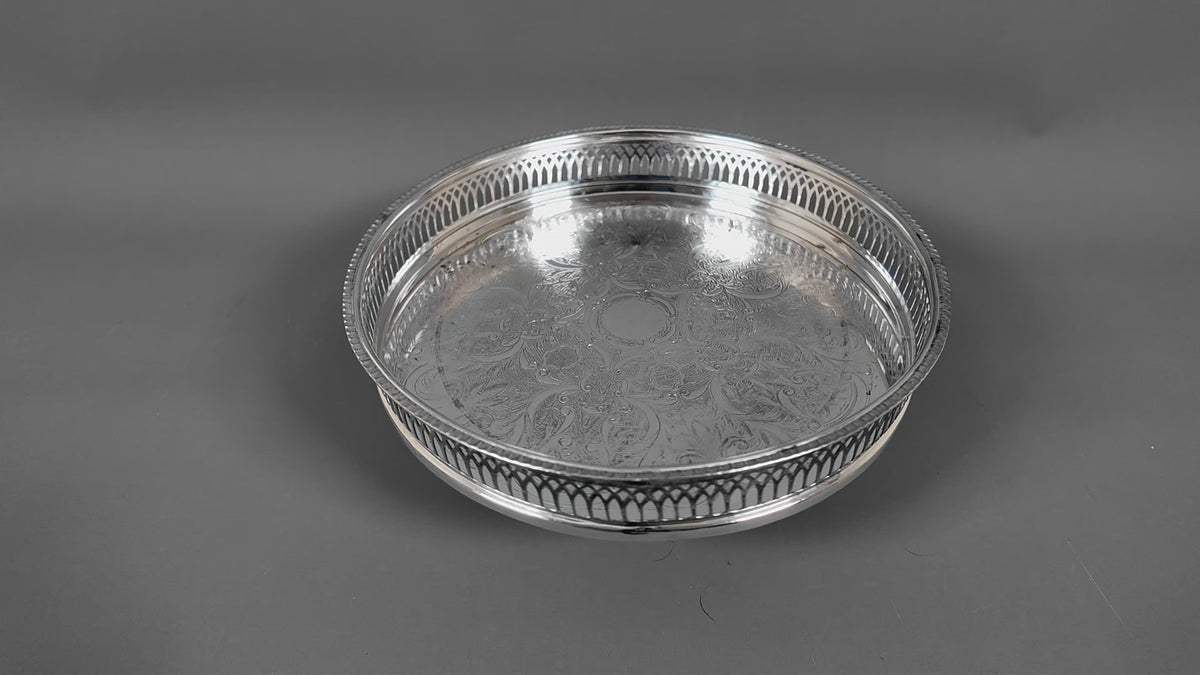 Vintage Cavalier Silver Plated Round Gallery Tray - Small Chased Drinks Salver