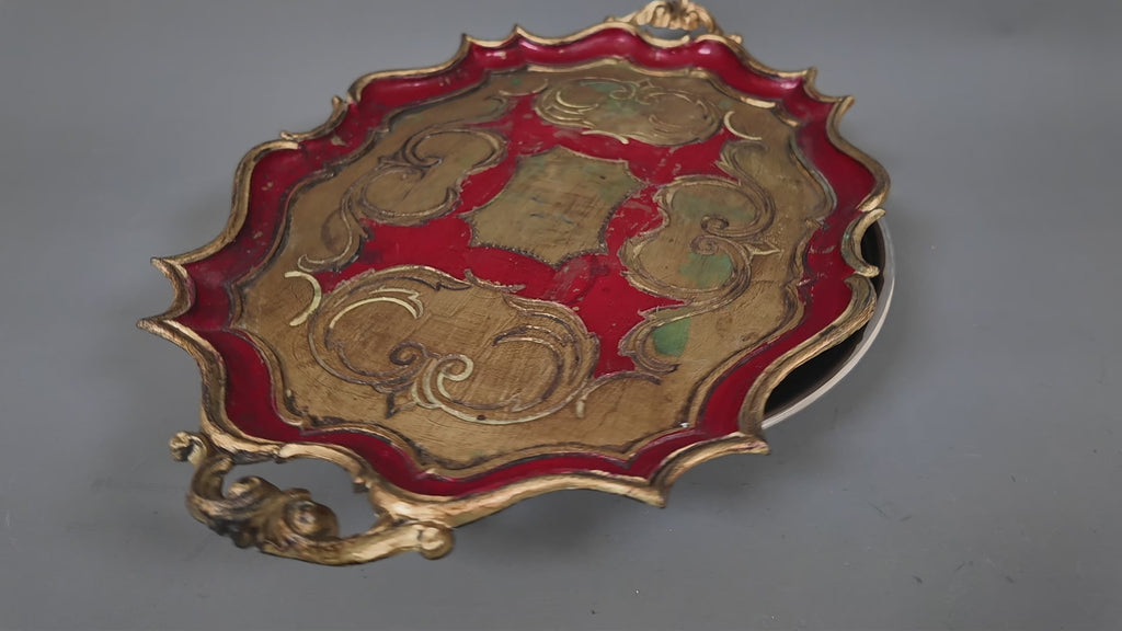 Large Vintage Florentine Gilt Wood Serving Tray – Ornate Handles Crimson Salver