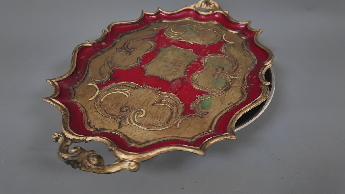 Large Vintage Florentine Gilt Wood Serving Tray – Ornate Handles Crimson Salver