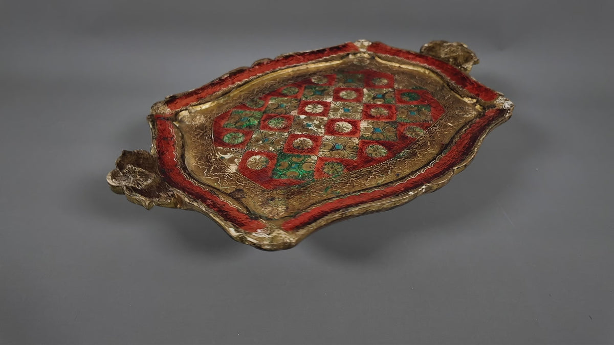 Vintage Italian Florentine Shaped Handle Serving Tray - Mid-Century Gold Gilt, Orange & Green Harlequin Salver