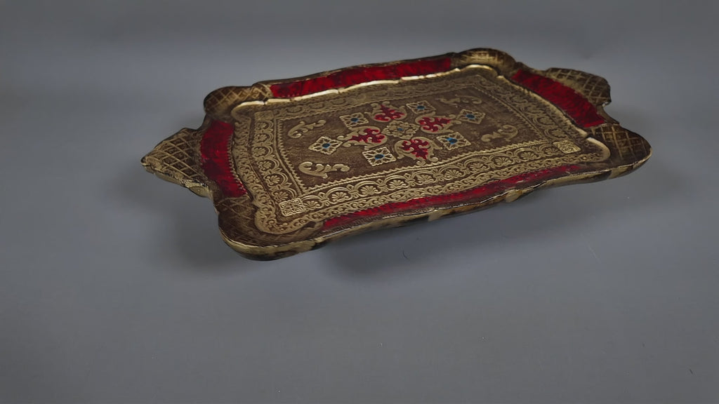 Vintage Italian Florentine Rectangular Serving Tray - Mid-Century Gold Gilt & Crimson Red Tureen Stand