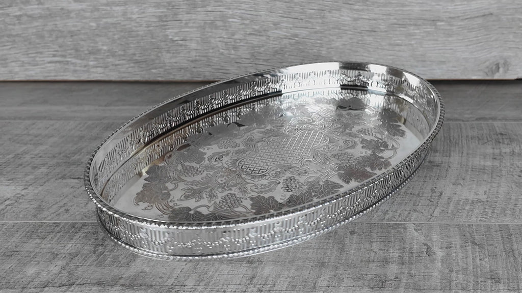 Vintage Viners of Sheffield Silver on Copper Oval Gallery Tray - Chased Grapevine Design