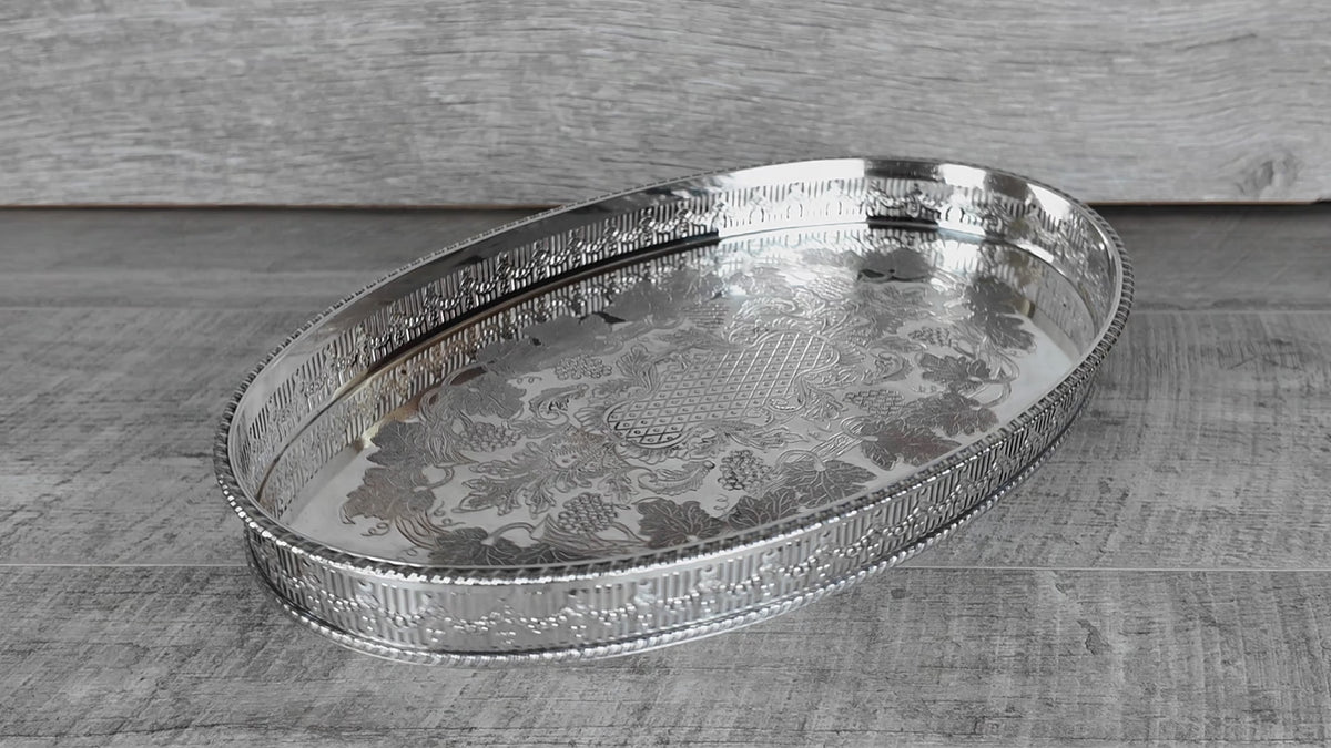 Vintage Viners of Sheffield Silver on Copper Oval Gallery Tray - Chased Grapevine Design