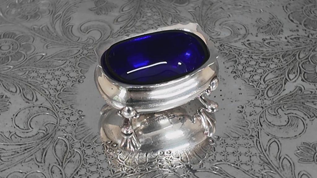 Antique Walker & Hall Sheffield Silver Plate Open Salt Cellar with Cobalt Blue Glass Liner