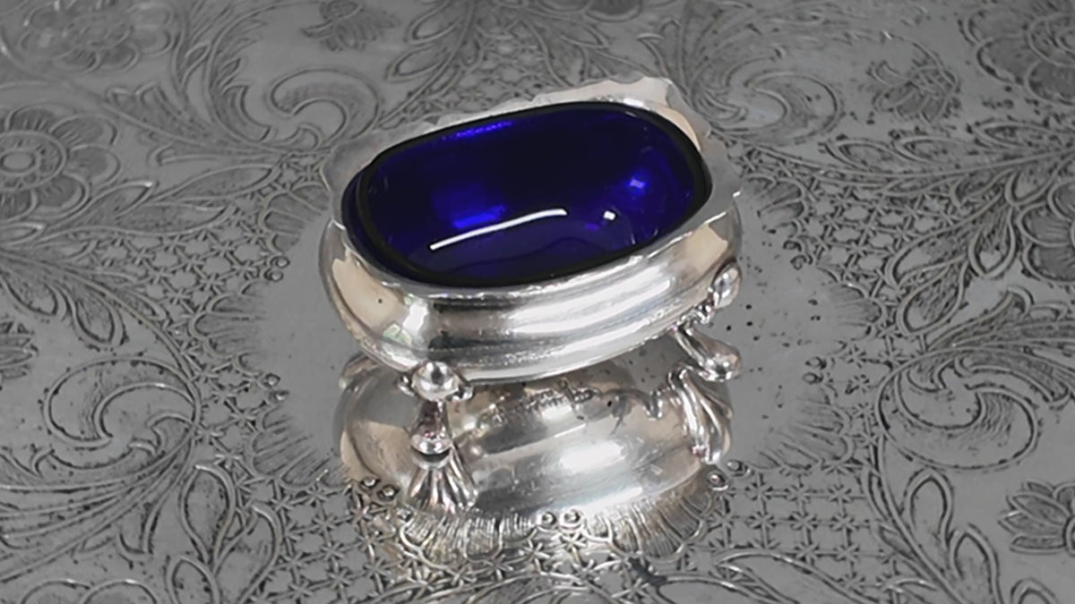 Antique Walker & Hall Sheffield Silver Plate Open Salt Cellar with Cobalt Blue Glass Liner