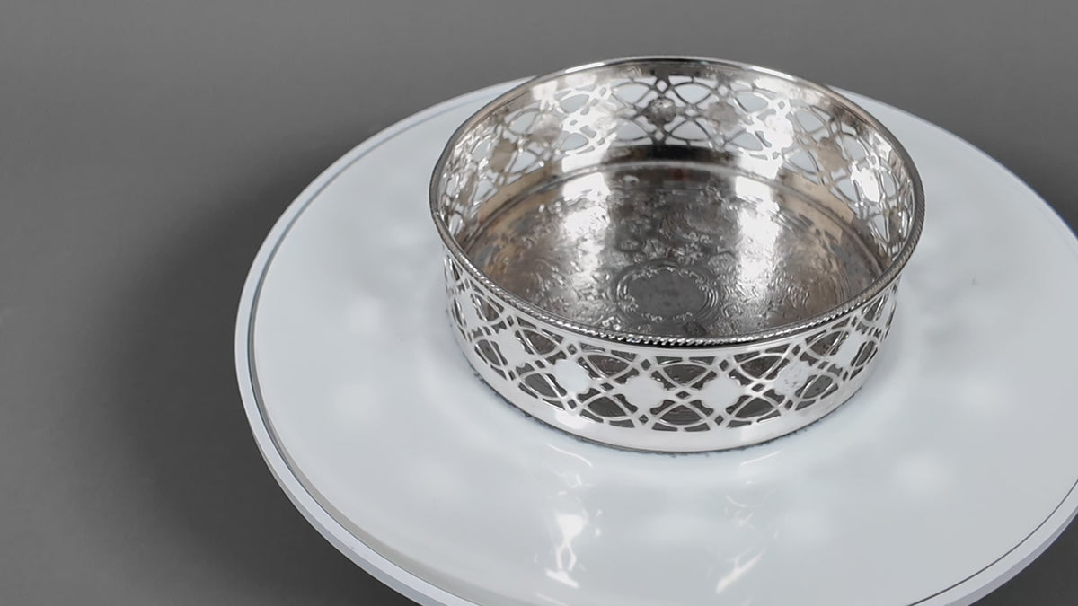 Vintage English Silver Plated Pierced Wine Bottle Coaster - Gadroon Rim Decanter Stand