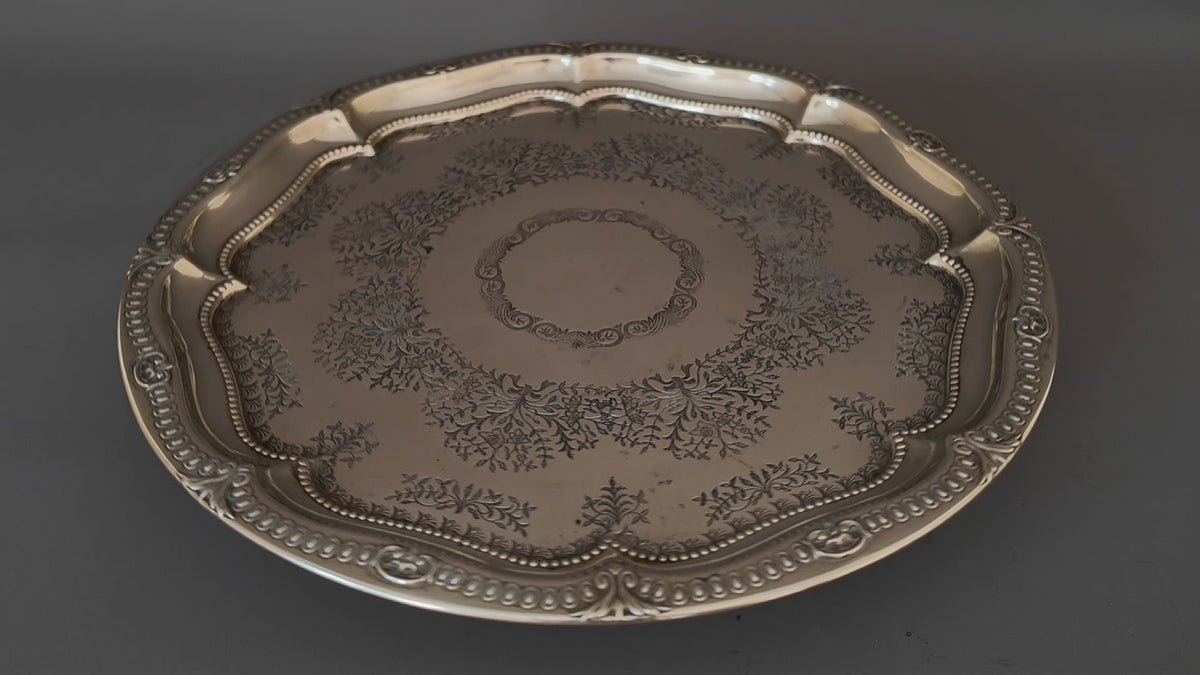 Antique Harrison Brothers Birmingham Silver Plated 12-Inch Salver | Chased Grapevine Tray